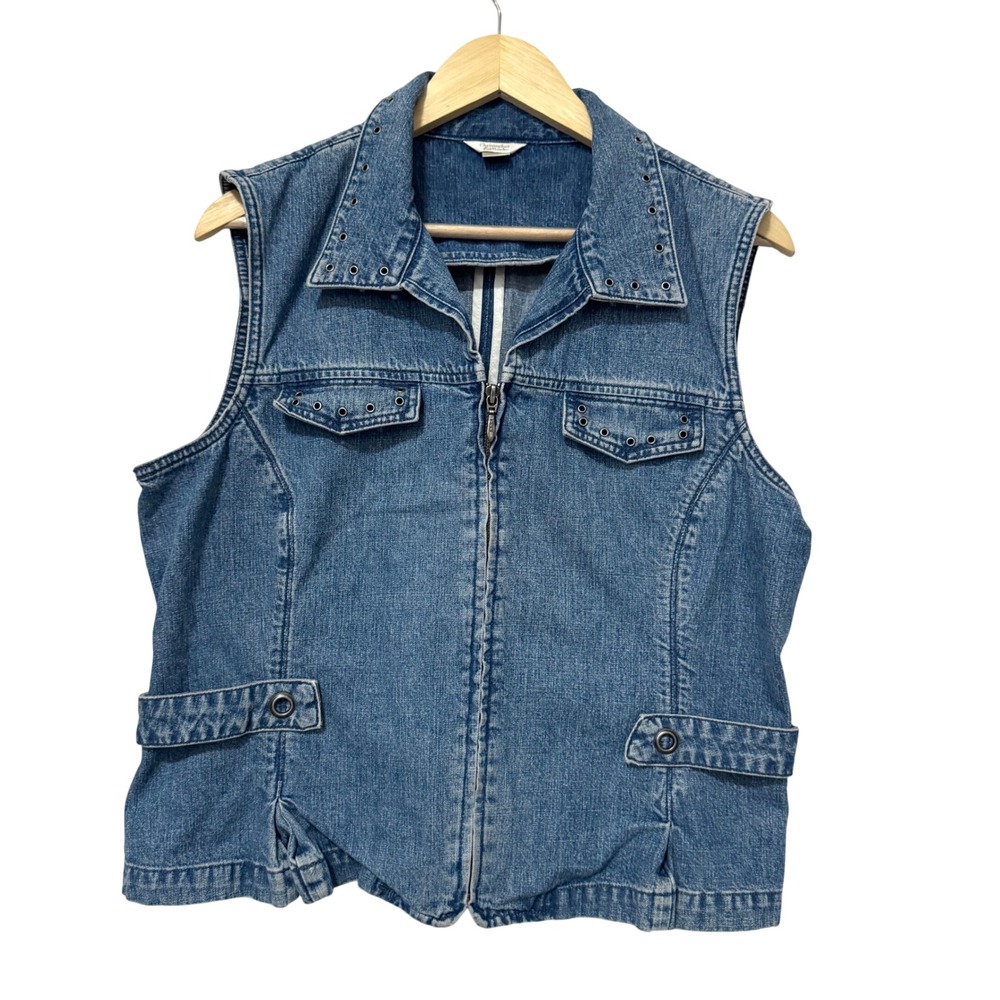 Christopher Banks sz XL Blue Denim Jean Vest Full Zip Pockets western studded